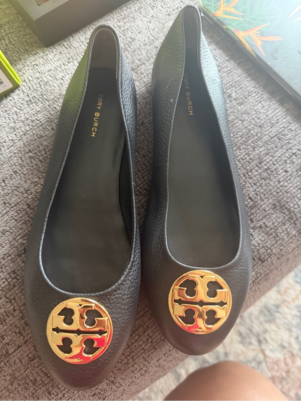 Tory Burch Black Leather Flats with Gold Logo Medallion